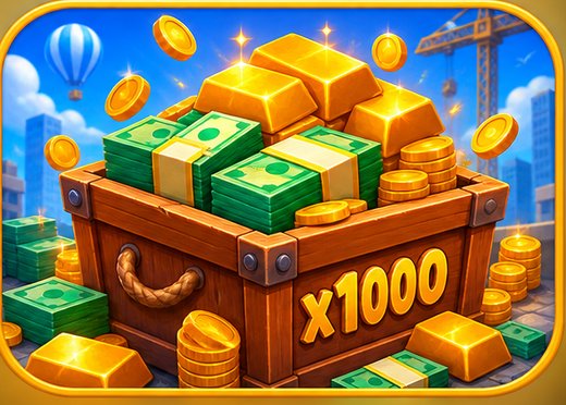 Kist vol goudstaven en biljetten met een multiplier x1000