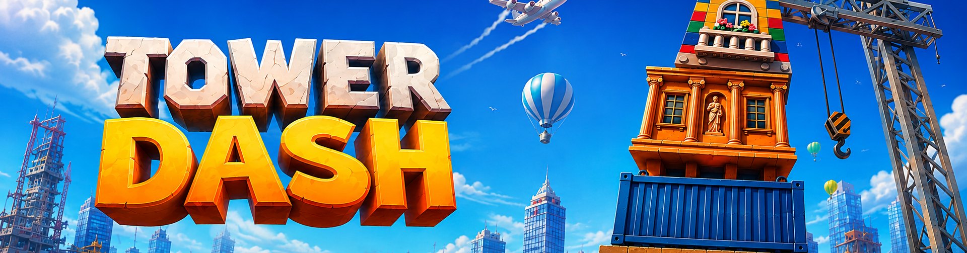 Banner van Tower Dash van INOUT Games: een toren van gestapelde blokken en een bouwkraan boven een stad